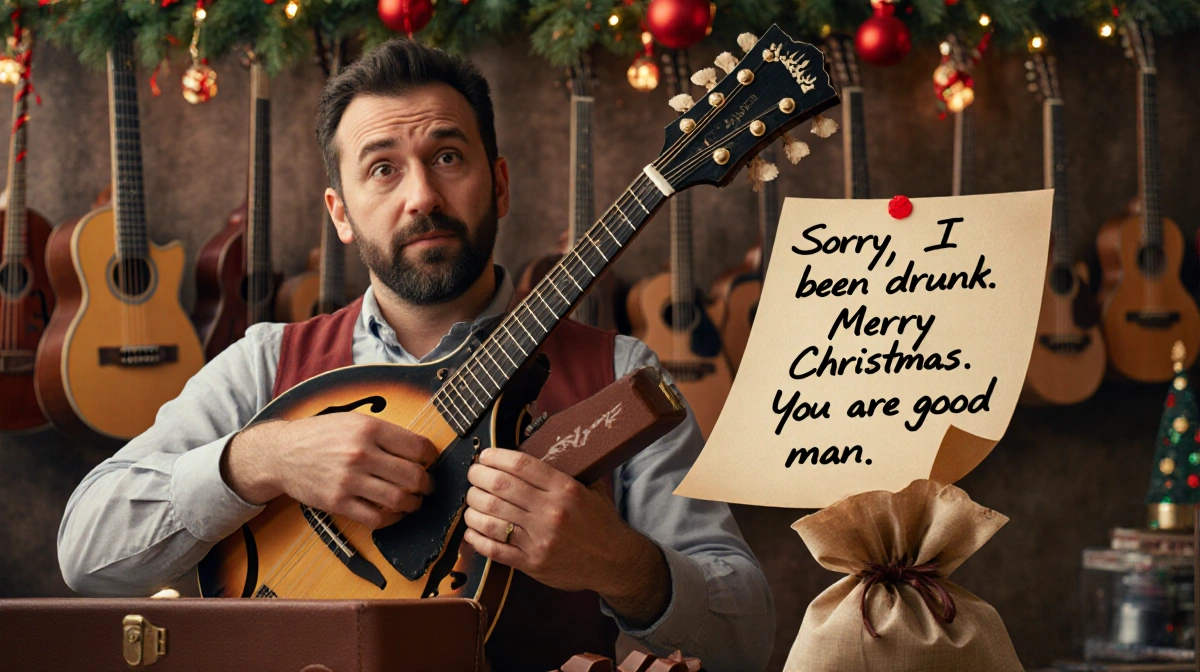 Levine holding a damaged mandolin with a smile and a note on the case near a spilling chocolate bag amid festive décor.
