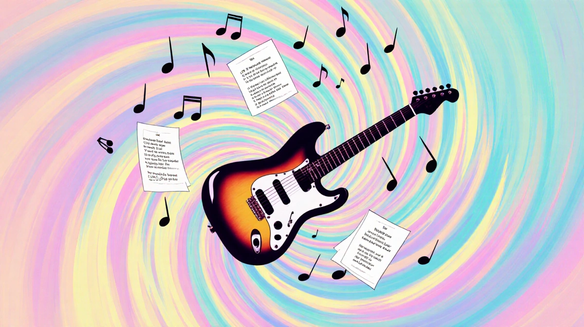 Musical notes and sound waves swirl together with guitar and piano keys floating among colorful pastel pages showing cartoon 