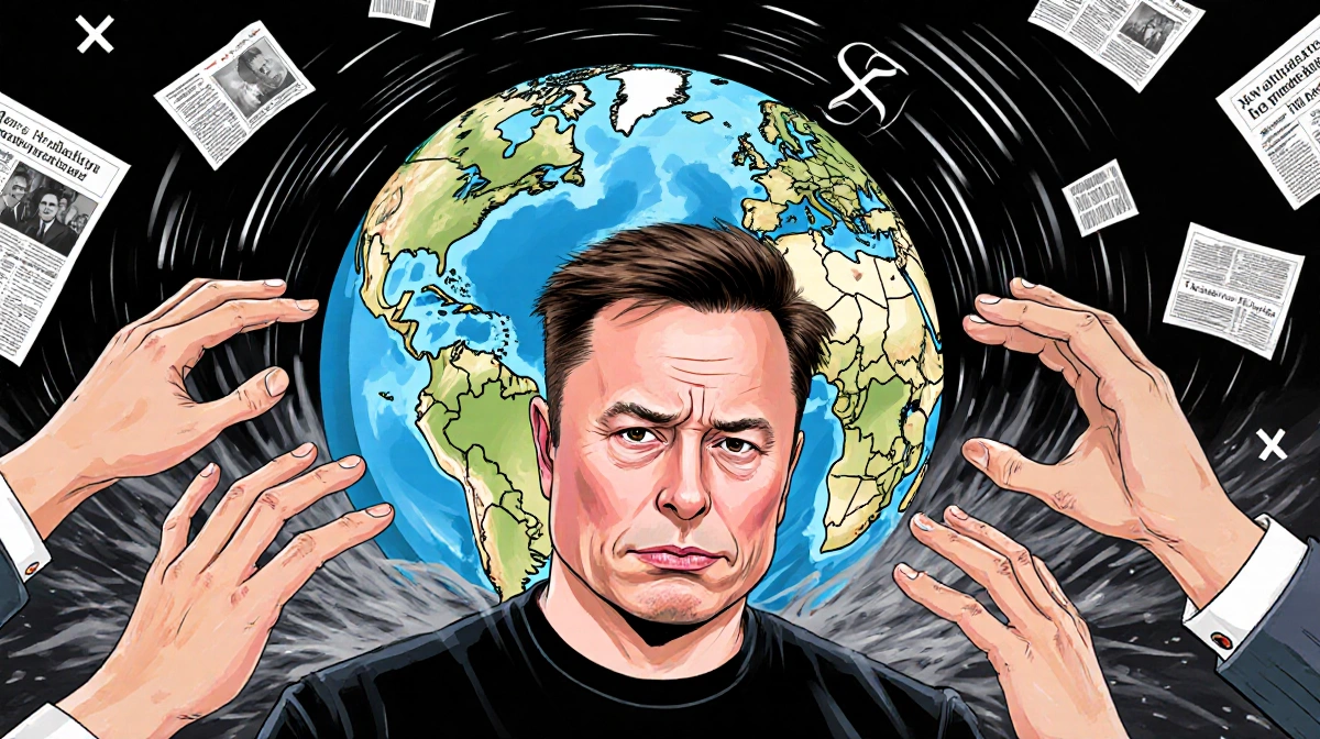 Elon Musk looks worried with hands reaching from globe and swirling headlines around him