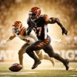 Myles Garrett sprinting past a Bengals defensive lineman with golden lighting and an abandoned football at his feet