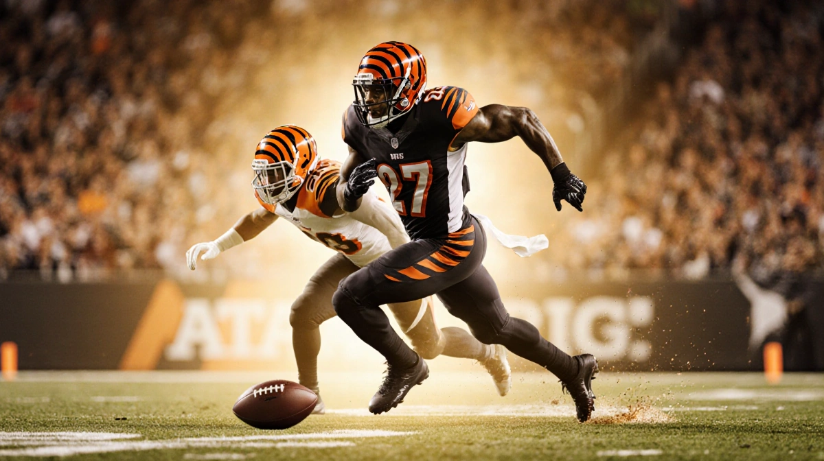 Myles Garrett sprinting past a Bengals defensive lineman with golden lighting and an abandoned football at his feet