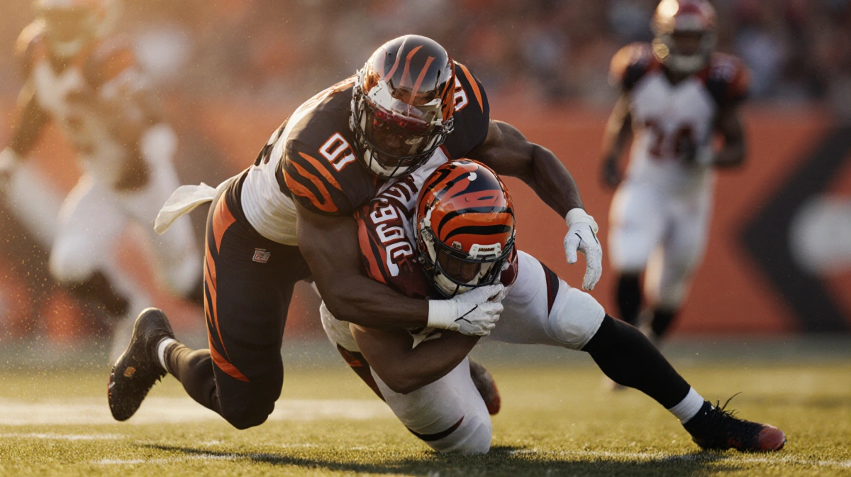 Myles Garrett an NFL tackle player tackling Joe Burrow with arms wrapping and legs driving him to the ground in golden light