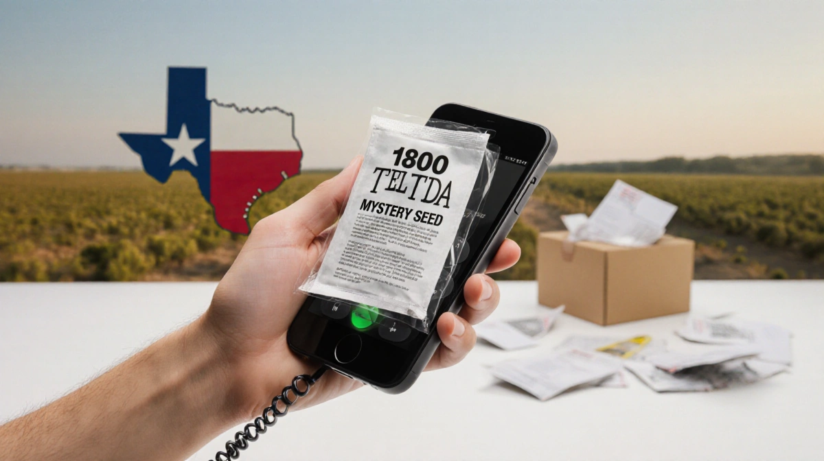Person calling 1-800-TELL-TDA with mystery seed package and phone while unopened envelopes lie nearby