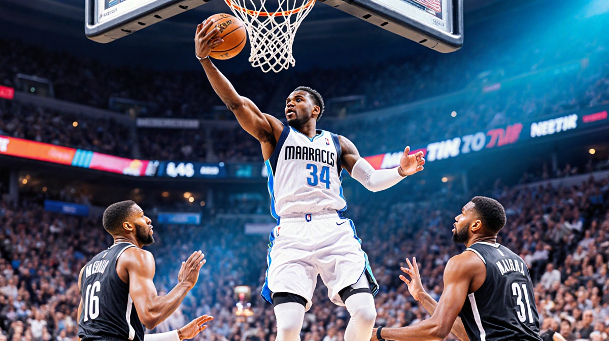 Naji Marshall scores over Nets defenders with outstretched hand and determined expression as crowd blurs behind
