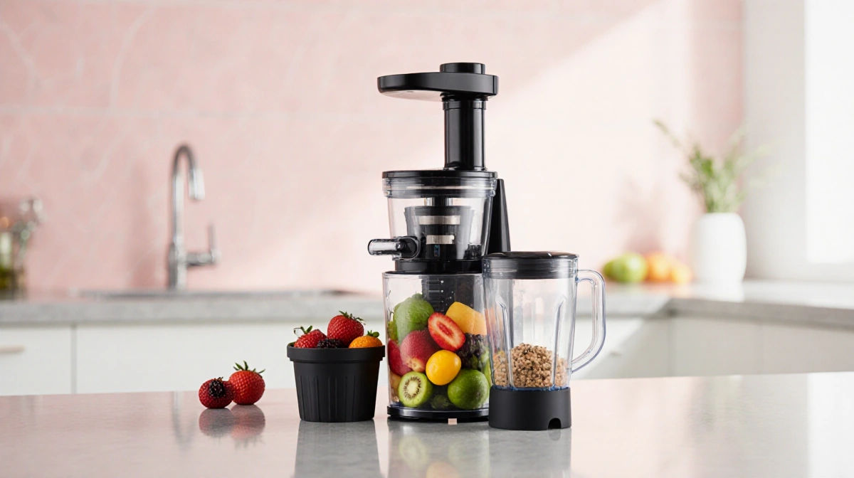 Nama C2 blender juicer sits on modern countertop with colorful fruits in container and blender jug nearby
