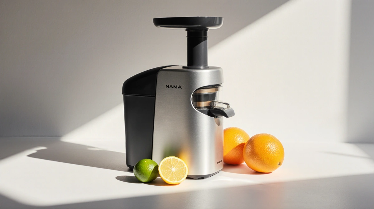 Nama J3 cold press juicer stands vertically with fresh citrus fruits arranged nearby showing sleek compact design