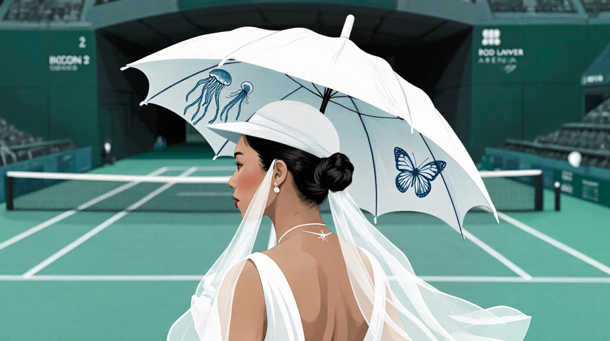 Naomi Osaka walking toward court with a white parasol and a Hollywood hat butterfly and jellyfish motifs fluttering nearby