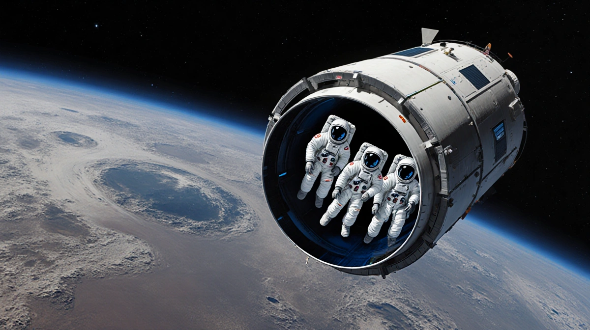 Space Launch System rocket lifts Orion capsule with four astronauts inside against a bright moonlit orbit and distant Earth