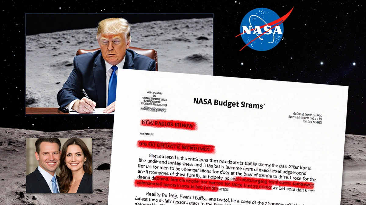 Donald Trump signing executive order with NASA budget document showing 24% funding cut and lunar background
