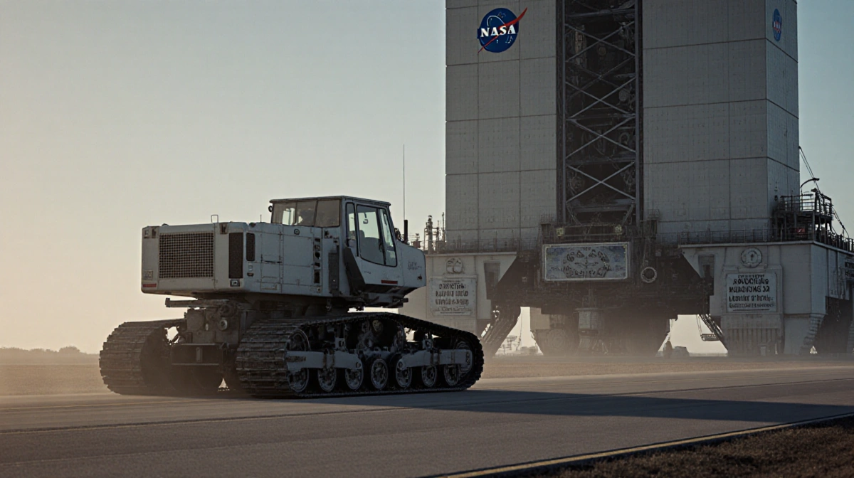 NASA crawler-transporter moving slowly along launch pad with Apollo mission plaques visible in misty dawn light