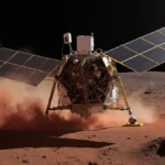 NASA spacecraft MAVEN hovering over Mars surface with tilted solar panel showing tangled wires and dust storm landing gear