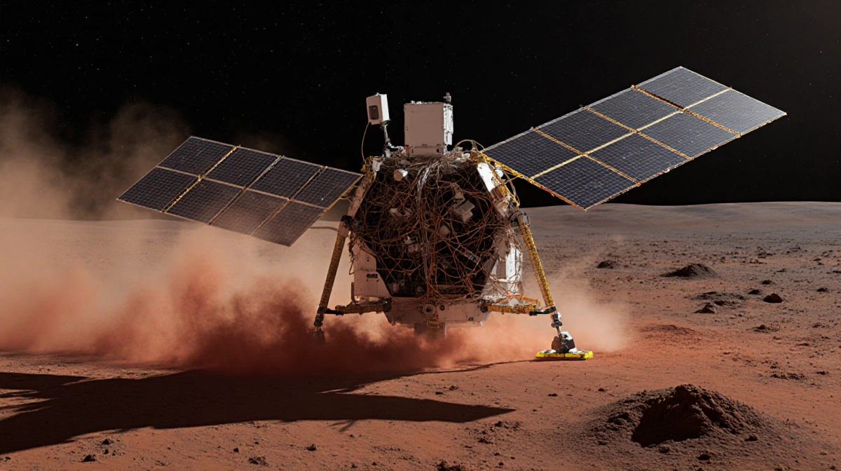 NASA spacecraft MAVEN hovering over Mars surface with tilted solar panel showing tangled wires and dust storm landing gear
