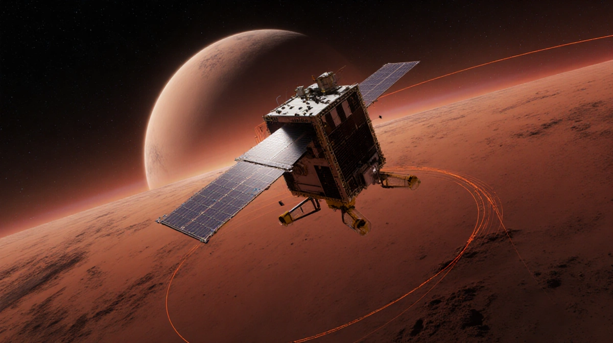 NASA's MAVEN spacecraft emerges from behind Mars in orbit spinning tilted axis with a faint signal trail fading into space