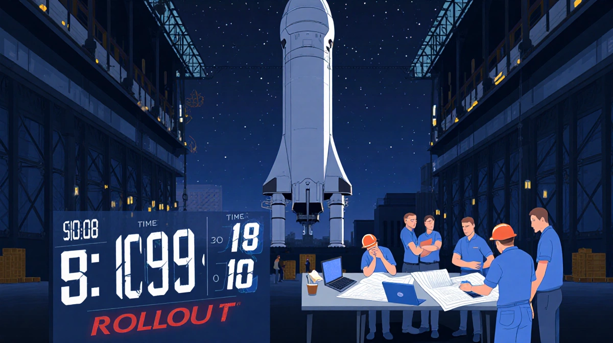 Engineers working on SLS rocket construction with countdown timer showing rollout deadline at Kennedy Space Center