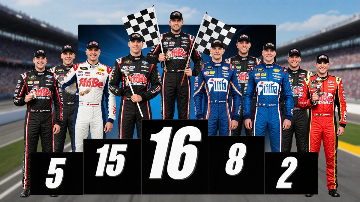 Sixteen NASCAR drivers stand on podium with checkered flags showing their championship positions