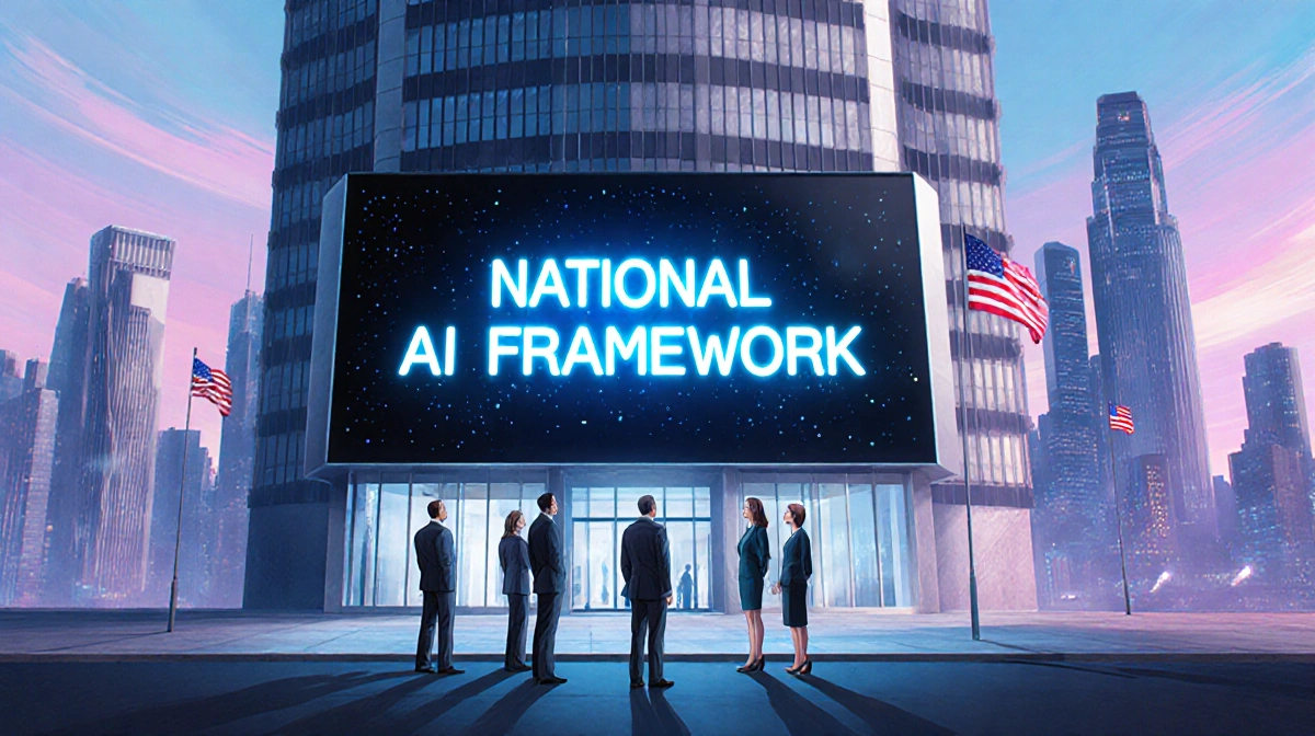 Group of tech leaders standing outside modern office building with National AI Framework glowing on digital display