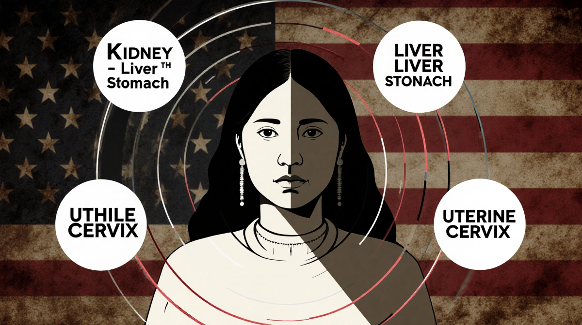 Native American woman stands before faded flag with four cancer circles showing kidney liver stomach and cervical cancer stat