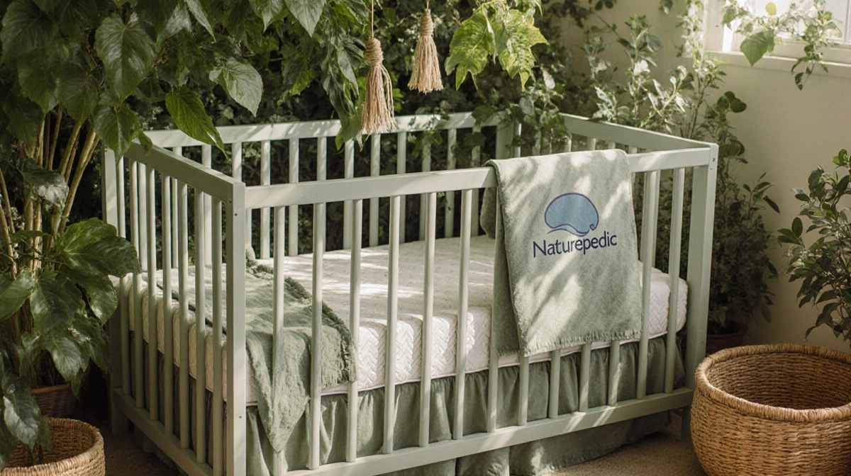 A white crib rests among sage and moss plants with soft sky blue bedding and Naturepedic logo on a basket in gentle sunlight