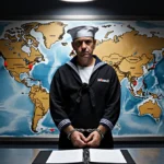 Handcuffed Navy sailor sits at table with classified documents and world map showing red pins behind