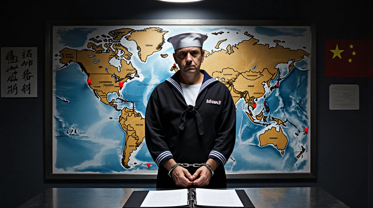Handcuffed Navy sailor sits at table with classified documents and world map showing red pins behind