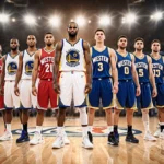 NBA All-Star teams facing off with Kevin Durant and Luka Doncic leading their squads under bright arena lights