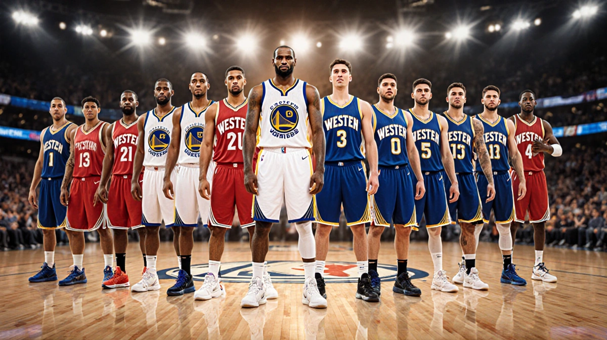 NBA All-Star teams facing off with Kevin Durant and Luka Doncic leading their squads under bright arena lights