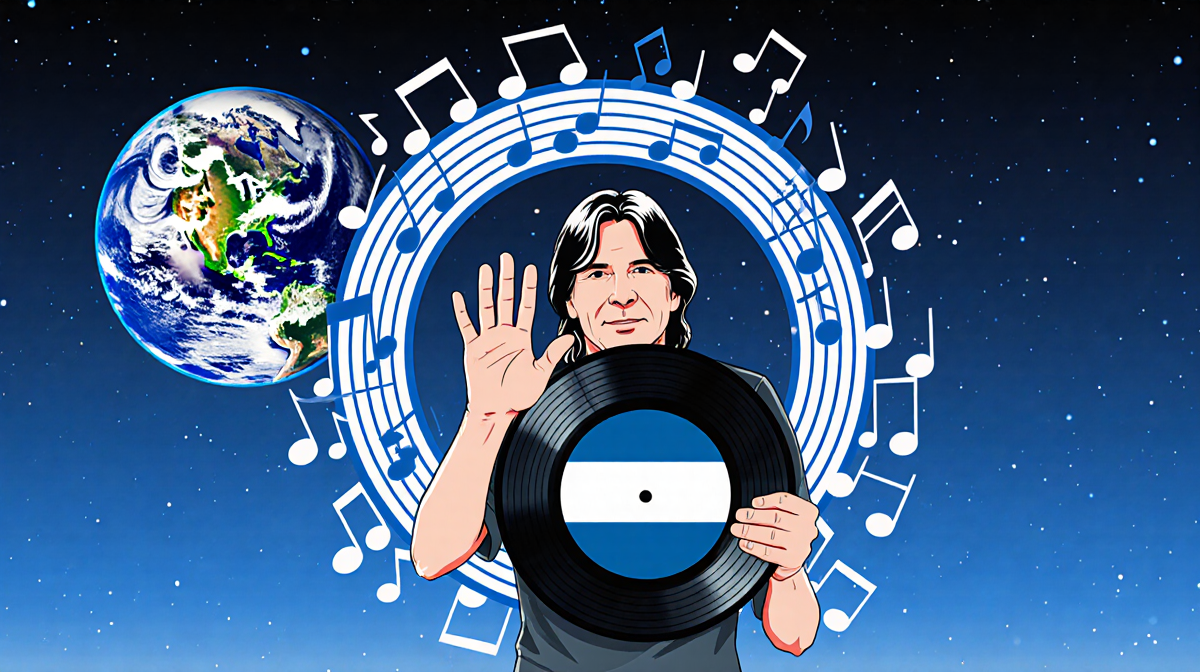 Neil Young holding vinyl record with the Greenlandic flag of blue and white musical notes with faint Earth in background.