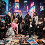 Film fans celebrate with vintage movie posters and neon lights showing classic cinema excitement