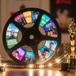 Film reel unspools showing colorful clips with golden trophies and Netflix logos