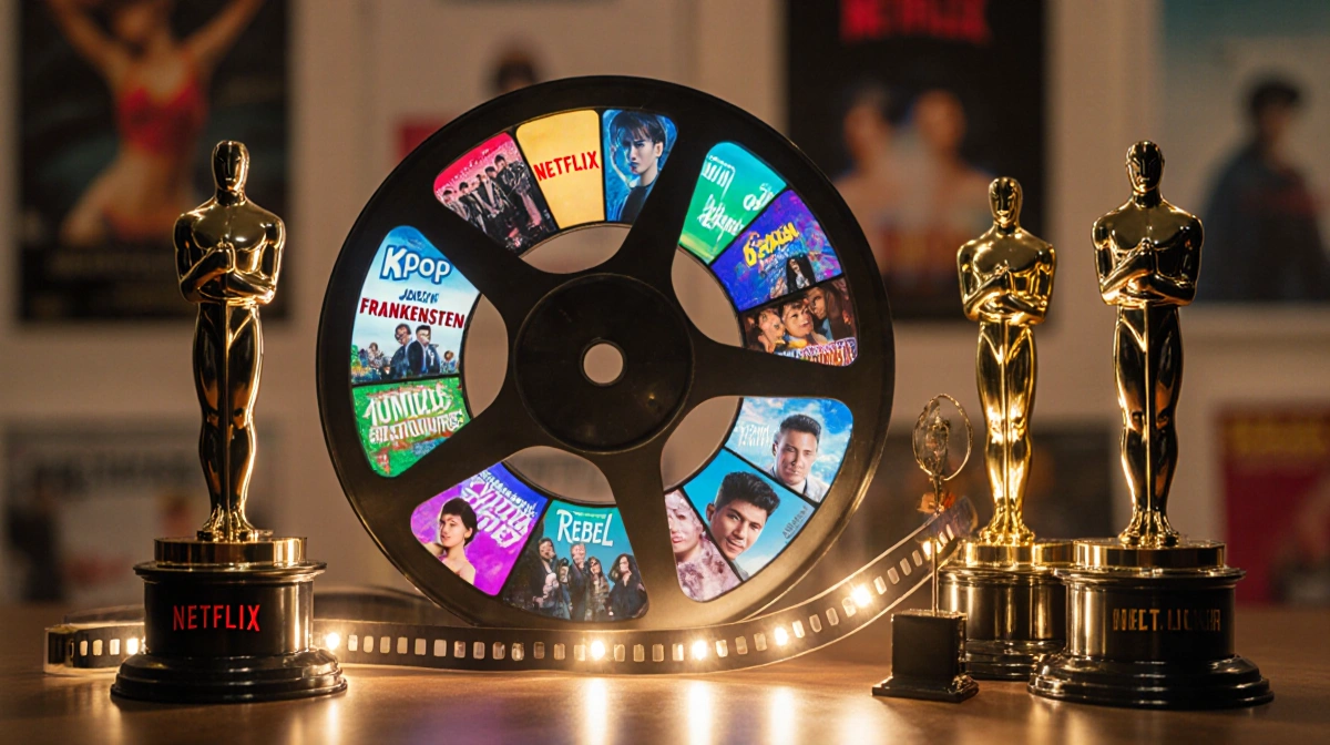 Film reel unspools showing colorful clips with golden trophies and Netflix logos