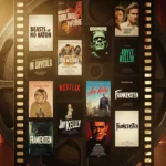 Vintage movie reel displays overlapping Netflix titles with golden Hollywood glow and filmstrip texture