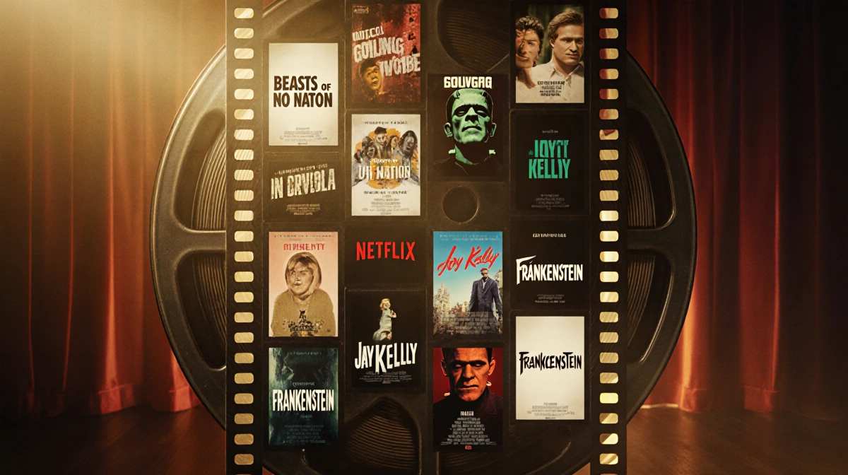 Vintage movie reel displays overlapping Netflix titles with golden Hollywood glow and filmstrip texture
