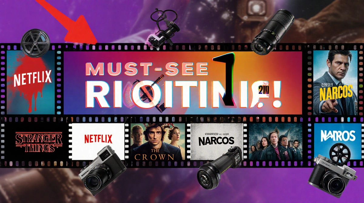 Film strip shows title Must-See Netflix Originals with arrow pointing at it and icons of Stranger Things and The Crown.