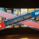 Intertwined film reels displaying Netflix and Sony logos with Los Angeles cityscape and golden cinema lighting showing their