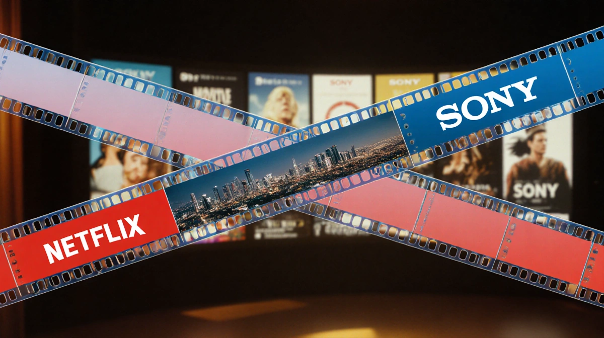Intertwined film reels displaying Netflix and Sony logos with Los Angeles cityscape and golden cinema lighting showing their