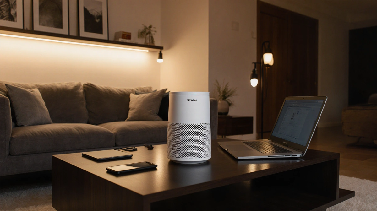 Netgear Orbi 770 Series router sits on coffee table with laptops and phones connected in warm-lit minimalist living room