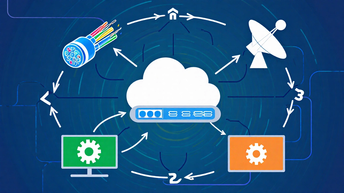 Network hub radiating internet connections with blue fiber-optic cables green cable wires and orange satellite dishes