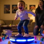 Child laughing on vibration plate with mom and colorful toys scattered on floor