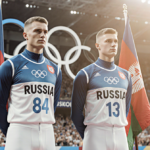 Athletes from Russia and Belarus standing on podium with national jerseys and flags draped behind them and Olympic rings