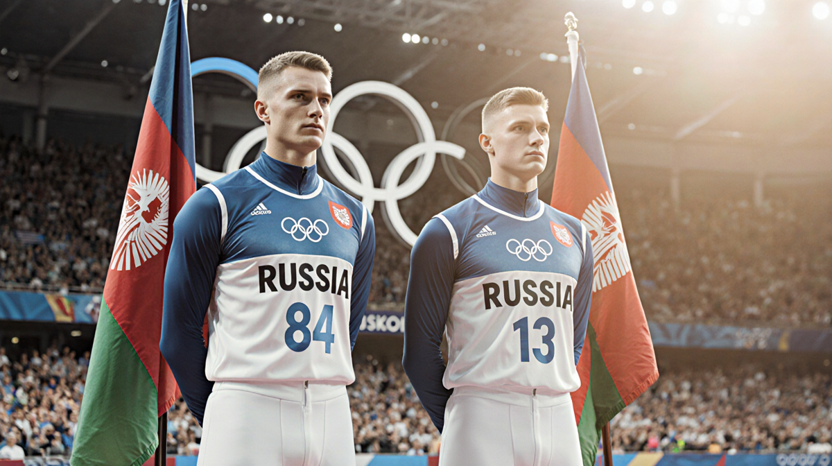 Athletes from Russia and Belarus standing on podium with national jerseys and flags draped behind them and Olympic rings