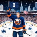 Islanders player holding I logo with puzzle pieces and blue flag in front of New York Madison Square Garden and skyline