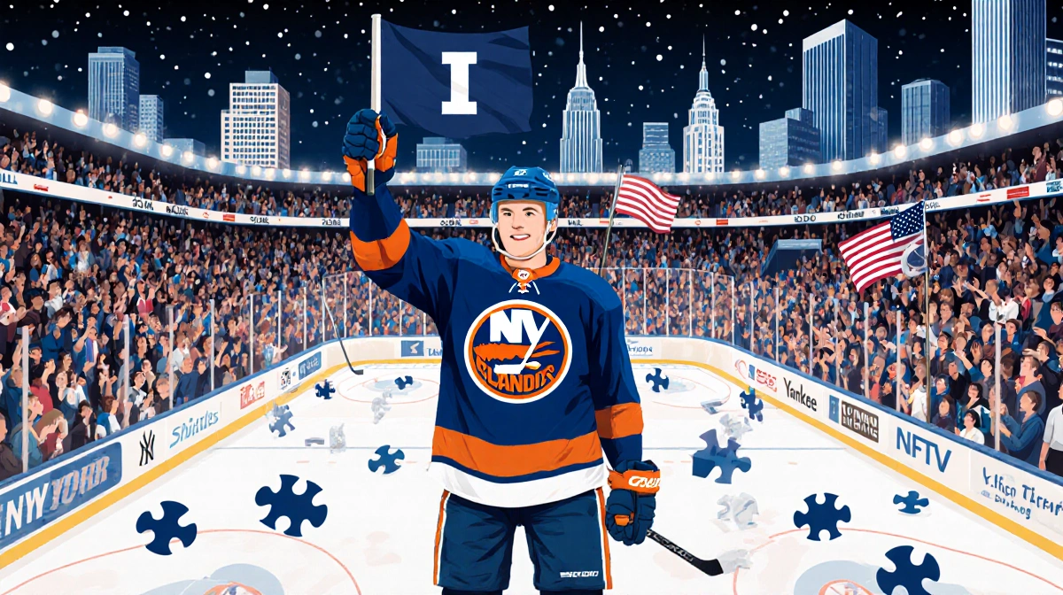 Islanders player holding I logo with puzzle pieces and blue flag in front of New York Madison Square Garden and skyline