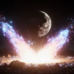 Twin jets erupt from a newborn nova star with colorful gas and swirling debris shell behind