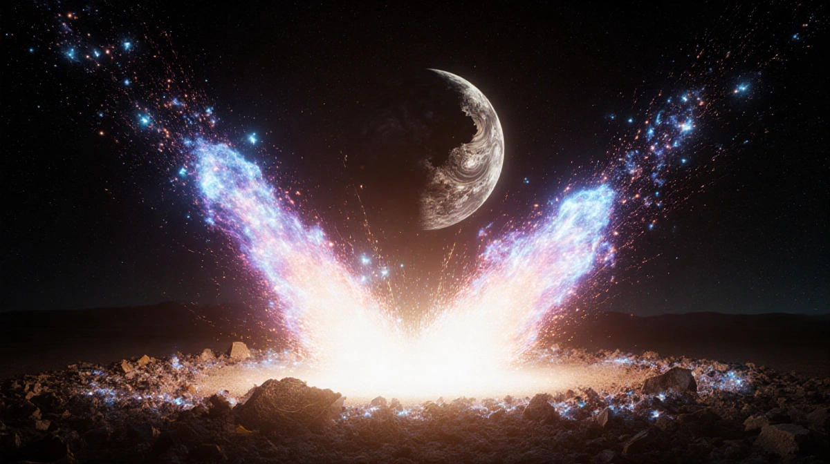 Twin jets erupt from a newborn nova star with colorful gas and swirling debris shell behind