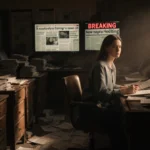 Editor reviewing newspapers at cluttered desk with glowing screens showing breaking news alerts behind her