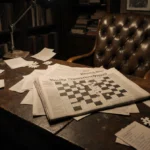 Vintage desk holding the NYT Connections puzzle with warm lighting and scattered papers