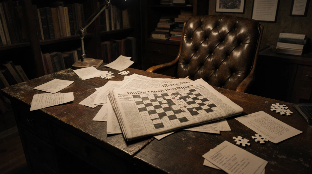 Vintage desk holding the NYT Connections puzzle with warm lighting and scattered papers