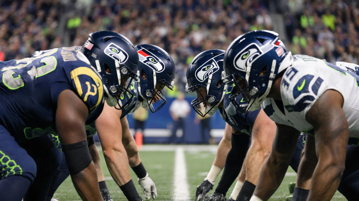 Rams player faces Seahawks player with intense eye contact against SoFi Stadium lights and crowd