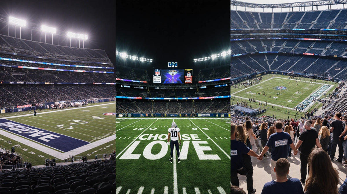 NFL players and fans stand together with Choose Love message painted across end zones and stadium lights glowing
