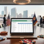 NFL executives meeting at wooden conference table with laptop tracking coaching hires and team flags on wall